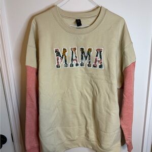 Gildan MAMA Floral Appliqué Crewneck Sweatshirt - Sage Body with Pink Sleeves